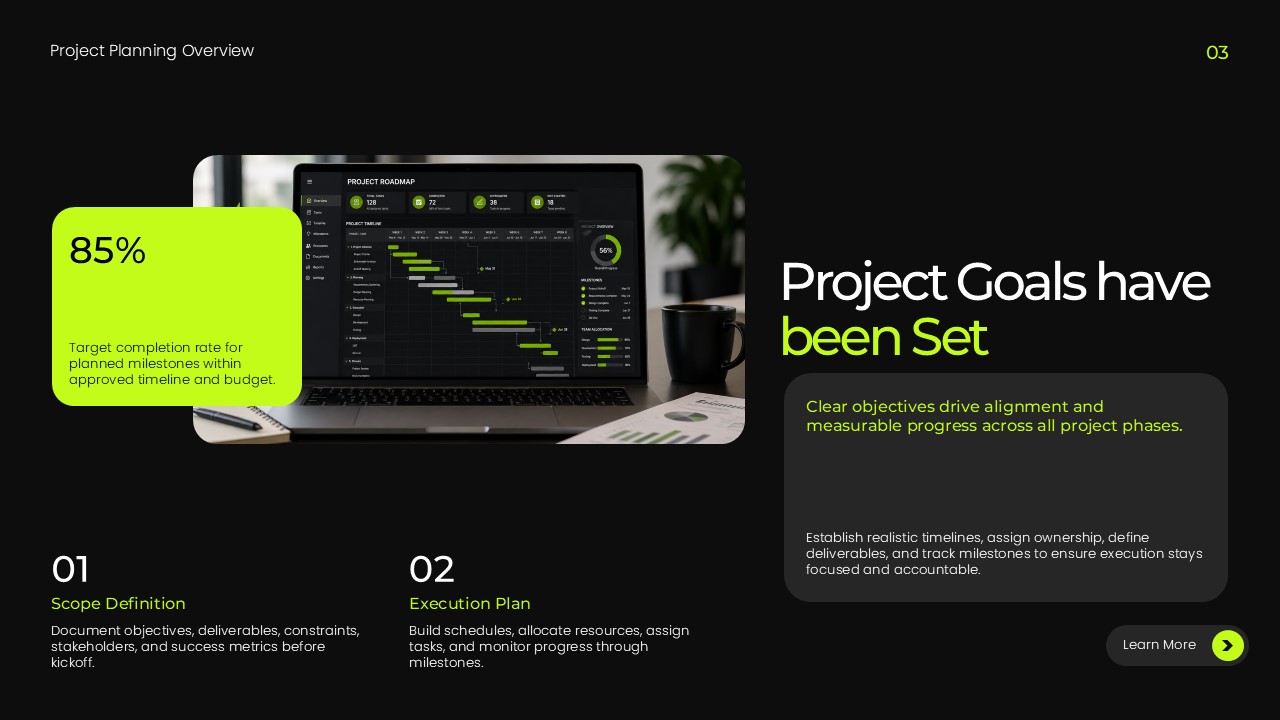 Project Planning Template - Four-phase lifecycle cards with neon green banner and phase descriptions