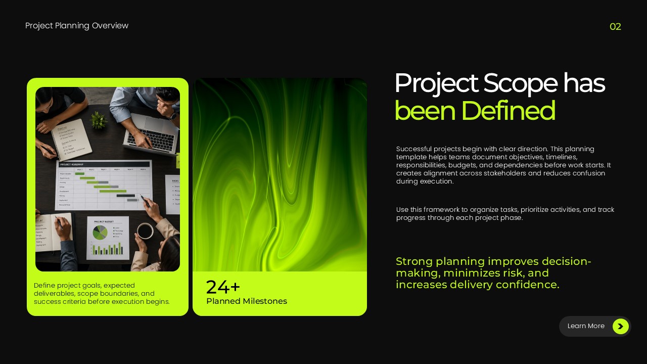Project Planning Template - Goals slide with 85% KPI card, dashboard photo, and numbered process steps