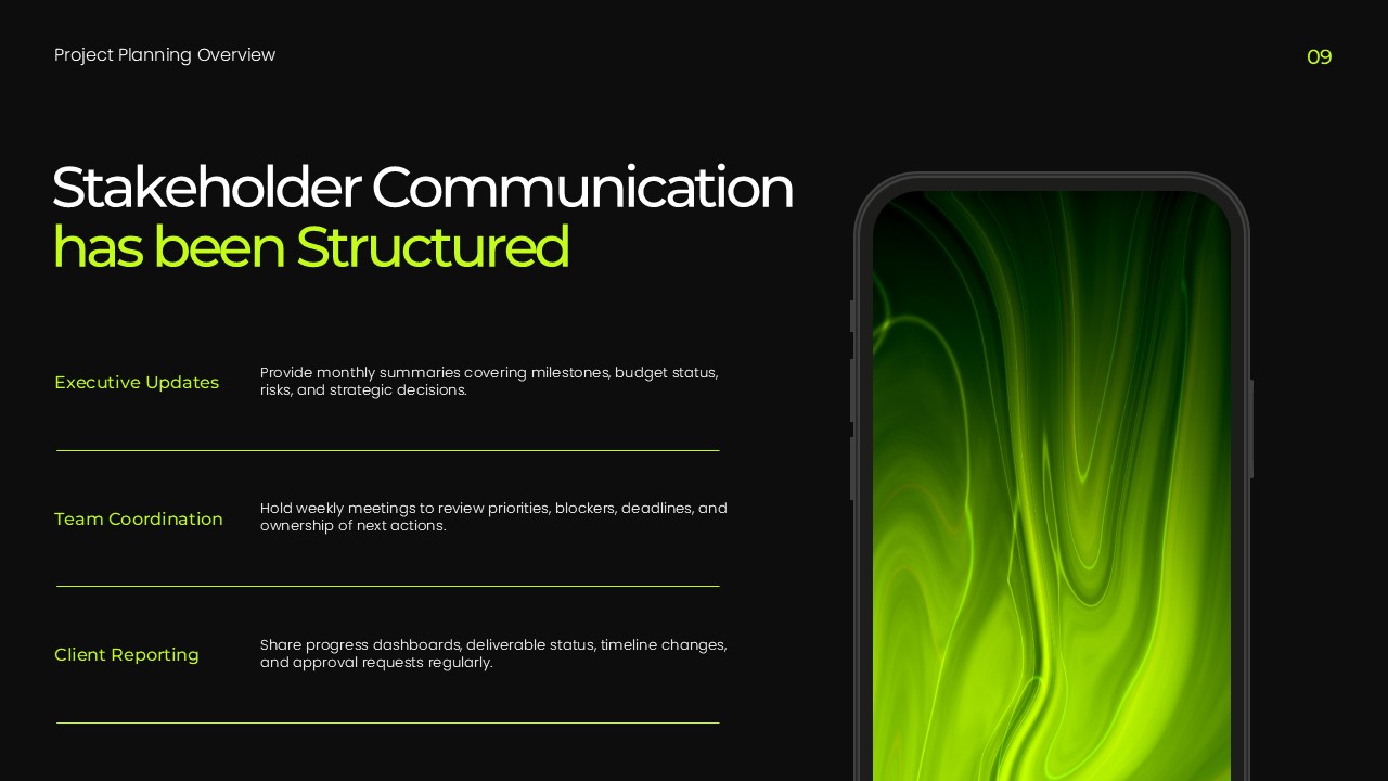 Project Planning Template - Stakeholder communication slide with labeled rows and smartphone visual