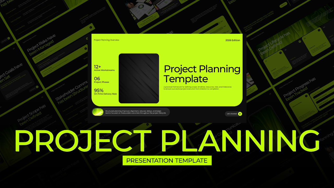 Project Planning Template - Dark mode cover with neon green accents and multi-slide preview layout