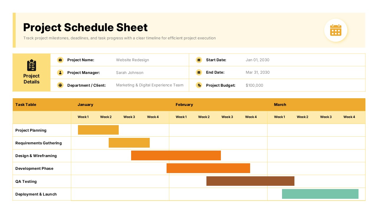 Project Schedule Sheet Template - Gantt chart with timeline and project details
