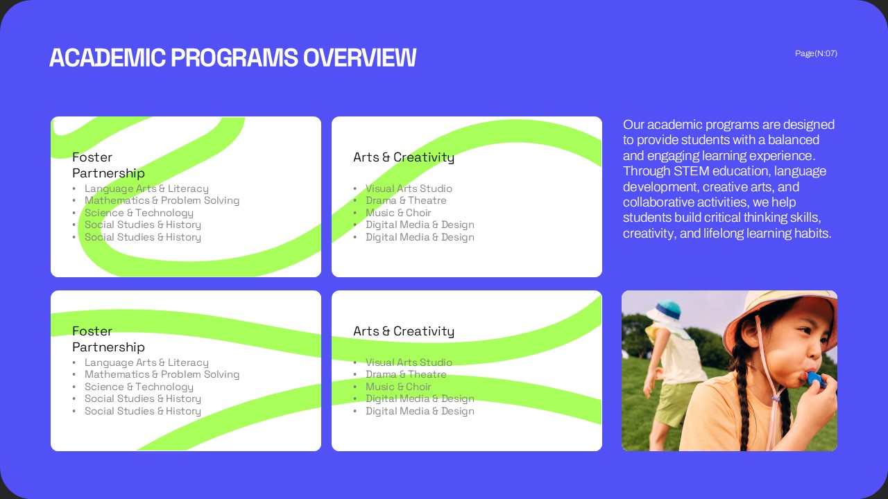 Parent Teacher Conference Template - Academic programs overview slide with curriculum and arts sections
