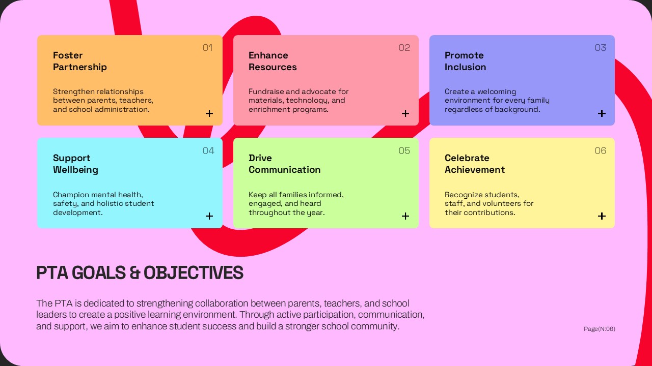 Parent Teacher Conference Template - PTA goals and objectives slide with 6 colorful objective cards
