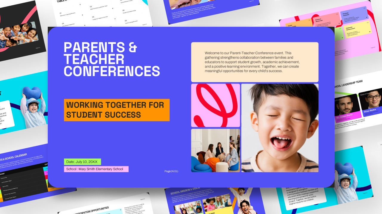 Parent Teacher Conference Template - Multiple slide preview showing colorful educational design layouts