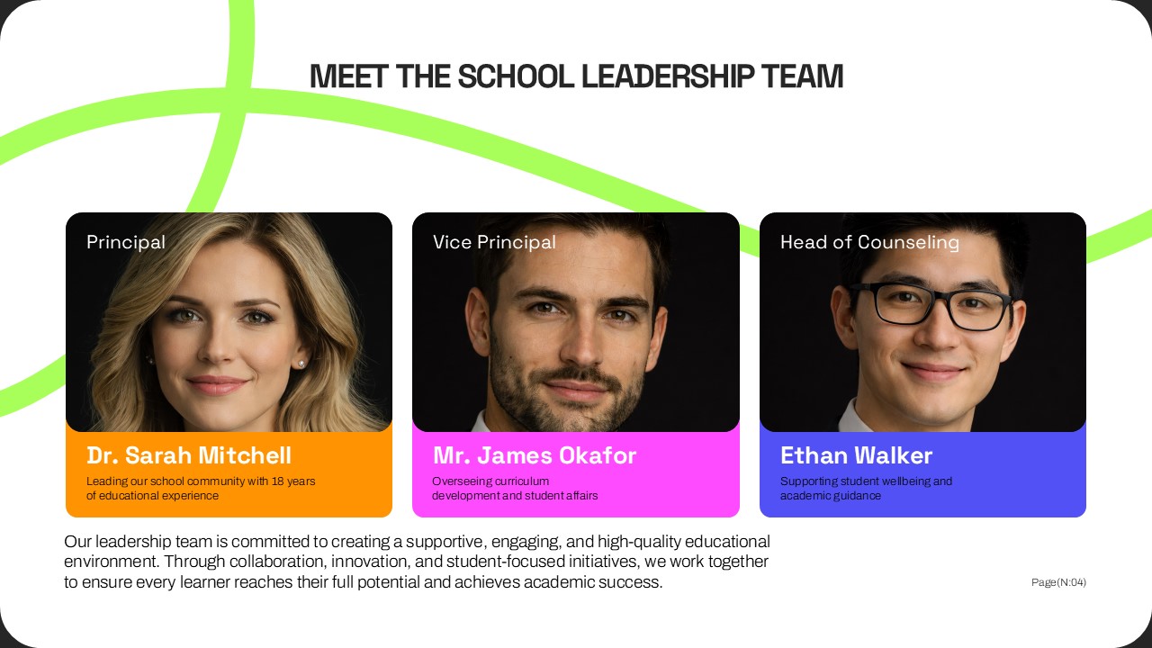 Parent Teacher Conference Template - School leadership team introduction slide with three staff profiles