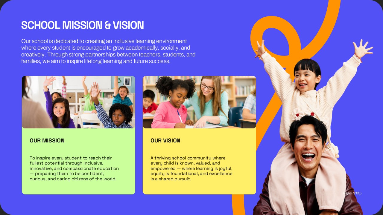 Parent Teacher Conference Template - School mission and vision slide with family celebration image
