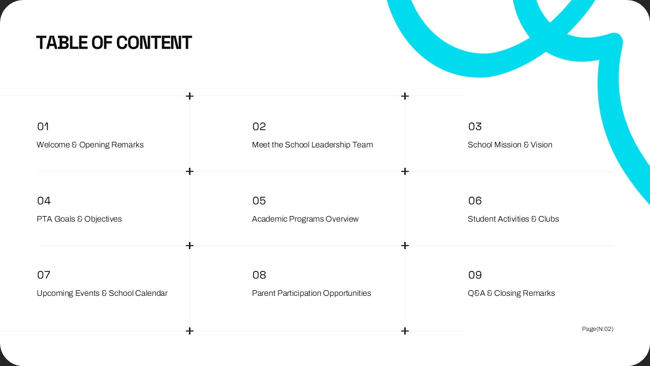 Parent Teacher Conference Template - Table of contents slide with 9 organized sections layout