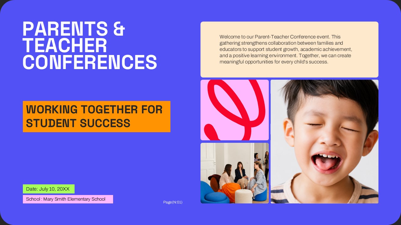 Parent Teacher Conference Template - Purple title slide with working together for student success theme