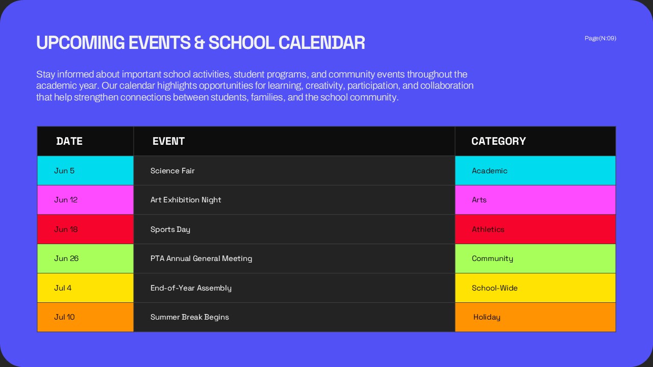 Parent Teacher Conference Template - Upcoming events calendar slide with organized event schedule table
