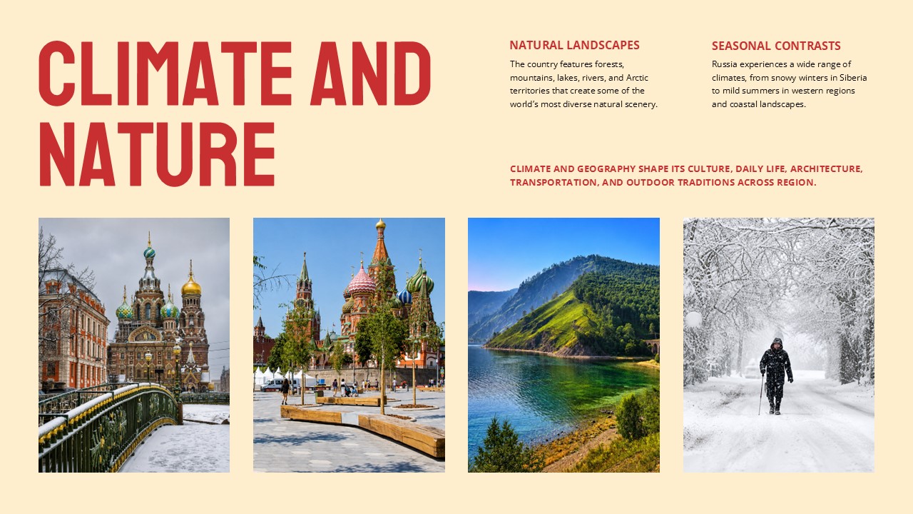 Russia Climate Template - two text columns with four landscape photos in a bottom gallery row