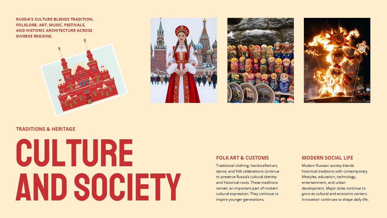 Russia Culture Slide - three horizontal photos, illustrated postcard graphic, and two tradition text columns