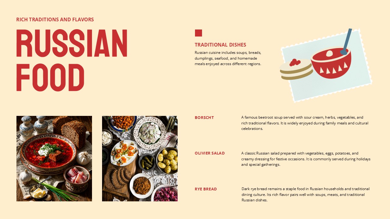 Russia Food Template - illustrated folk-art bowl graphic, two food photos, and three traditional dish descriptions
