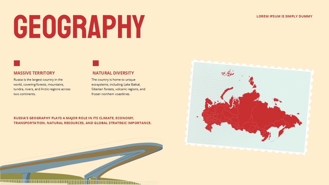 Russia Geography Template - split layout with illustrated stamp map, two text columns, and bridge illustration