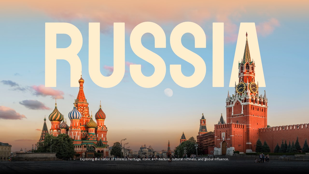 Russia Google Slides Template - introduction slide with photo, two text columns, and decorative horseman graphic