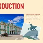 Russia Introduction Slide - dual text columns, landmark photo, and illustrated map stamp graphic on beige background