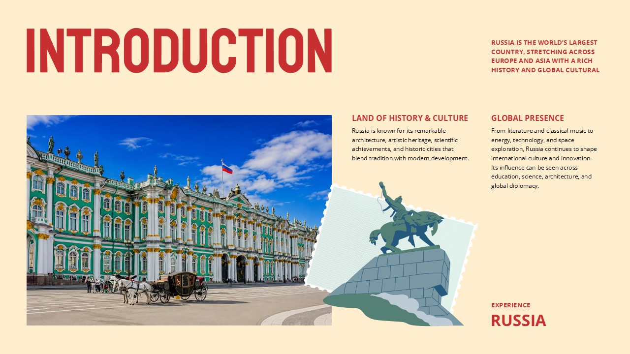 Russia Introduction Slide - dual text columns, landmark photo, and illustrated map stamp graphic on beige background