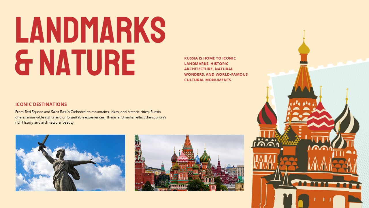 Russia Landmarks Template - two destination photos left, large folk-art Saint Basil's illustration dominating right half