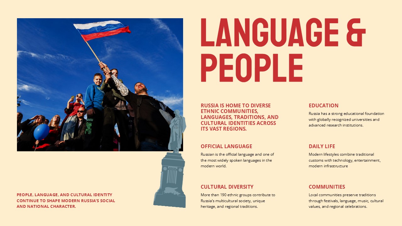 Russia Language & People Slide - full-height flag photo left, 2x2 content grid right, illustrated statue center-bottom