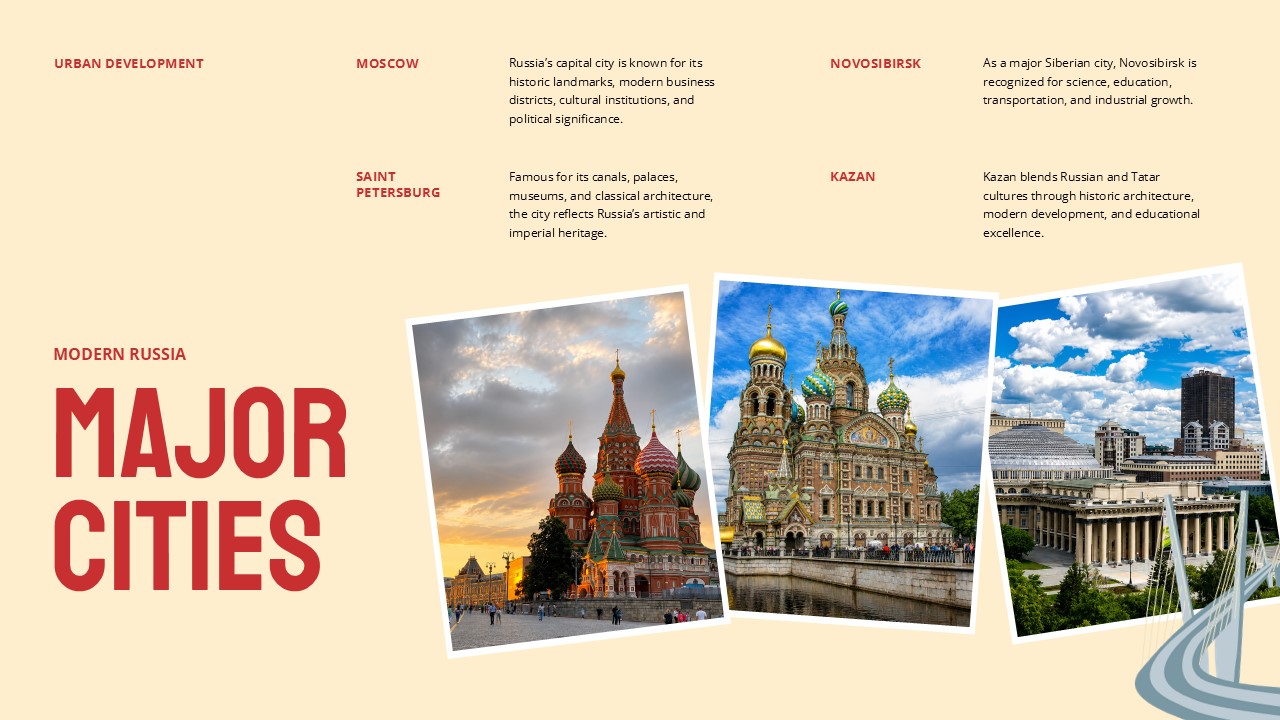 Russia Major Cities Template - four city profiles grid with overlapping polaroid-style photos at the bottom