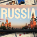 Russia PowerPoint Template - cover slide with Saint Basil's Cathedral, Kremlin Tower, and bold title text