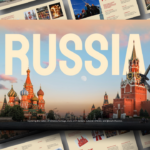 Russia PowerPoint Template - cover slide with Saint Basil's Cathedral, Kremlin Tower, and bold title text