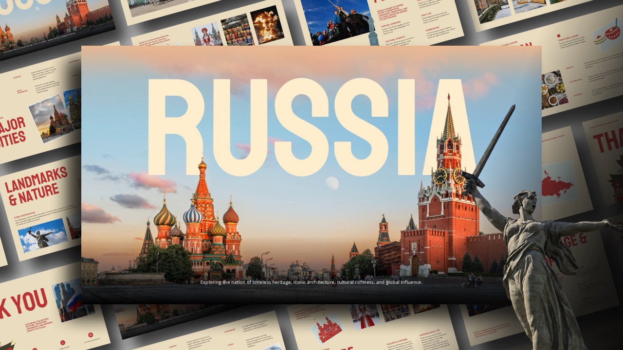 Russia PowerPoint Template - cover slide with Saint Basil's Cathedral, Kremlin Tower, and bold title text