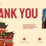 Russia Thank You Slide - bold crimson heading, folk-art temple illustration, flag photo, and three contact info blocks