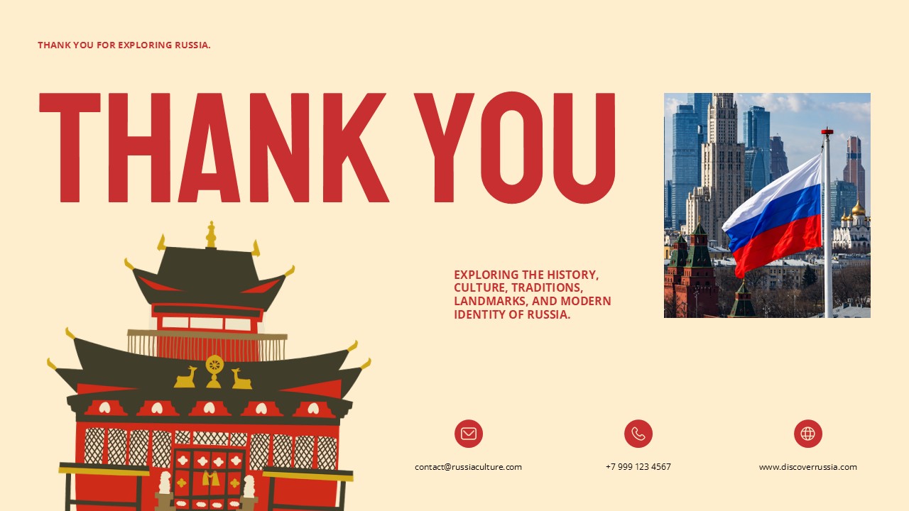 Russia Thank You Slide - bold crimson heading, folk-art temple illustration, flag photo, and three contact info blocks