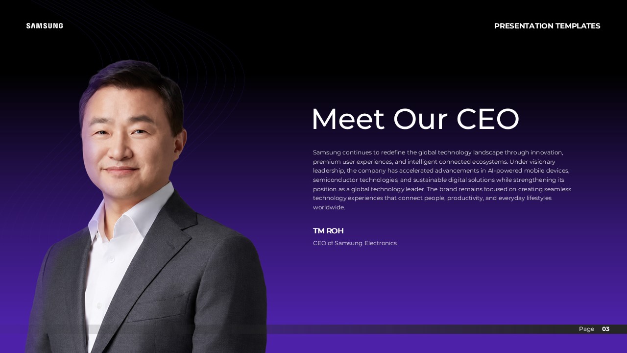 Samsung Case Study Template - Executive introduction slide to present CEO profile and leadership credentials