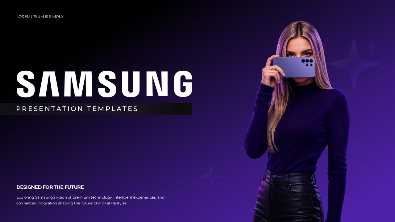 Samsung Case Study Template - Title slide to open Samsung presentations with company vision and future focus messaging