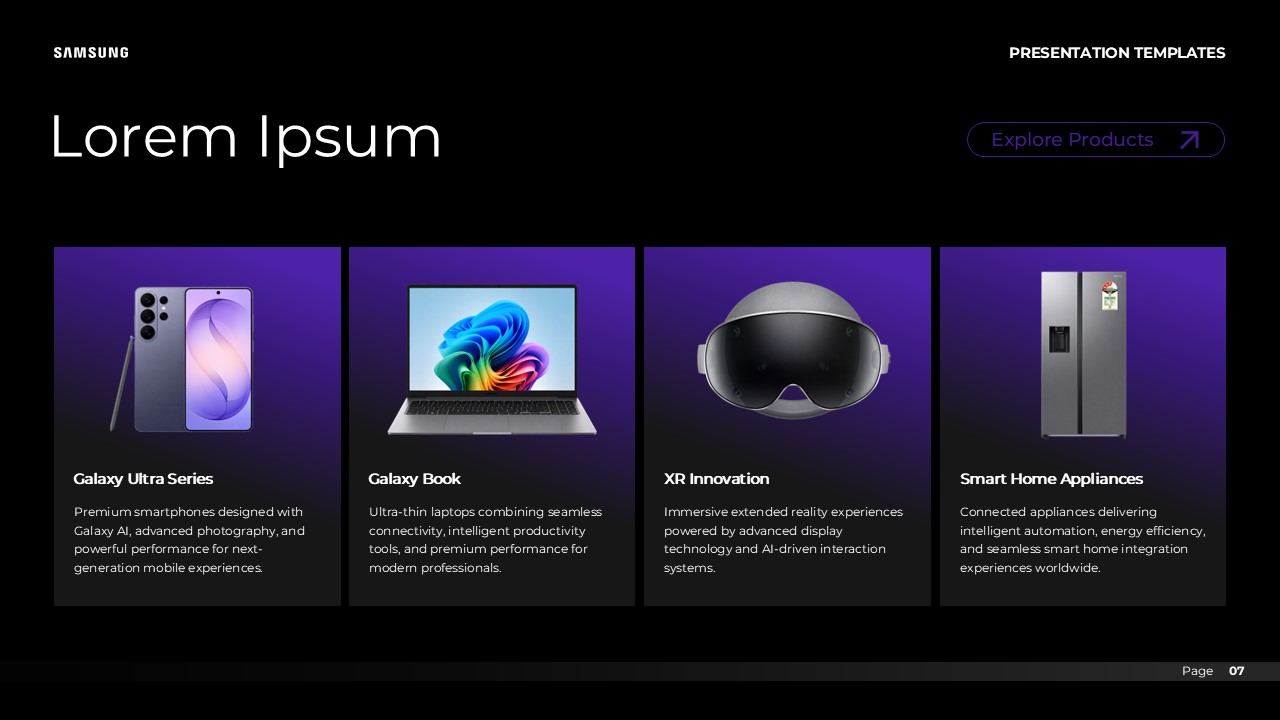 Samsung Case Study Template - Product portfolio slide to display Samsung device categories and product offerings