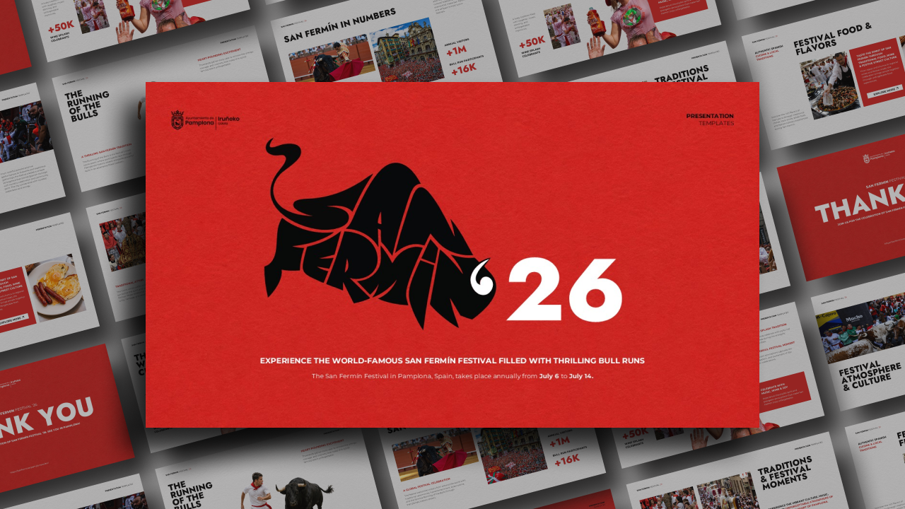 San Fermin Festival Template - Dynamic cover slide to introduce presentations about Spain's famous running of bulls