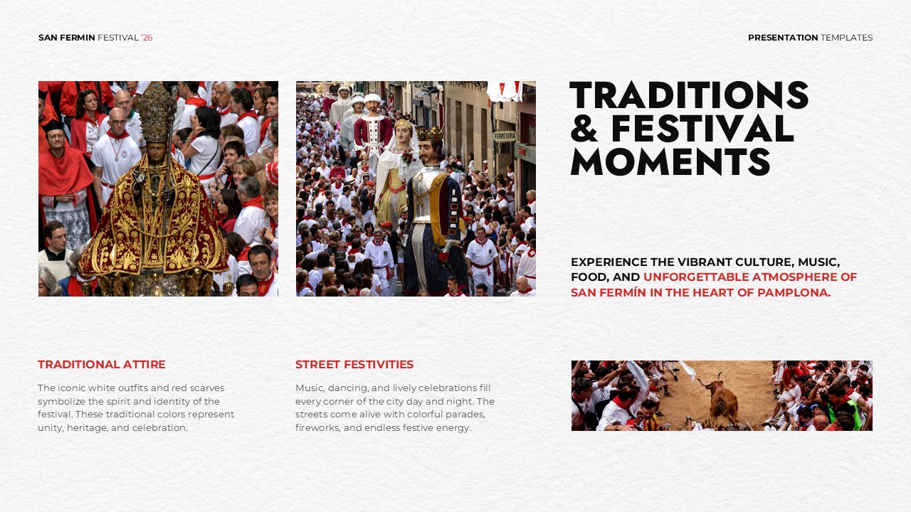 San Fermin Festival Template - Cultural slide to present traditional costumes, parades, and festival heritage