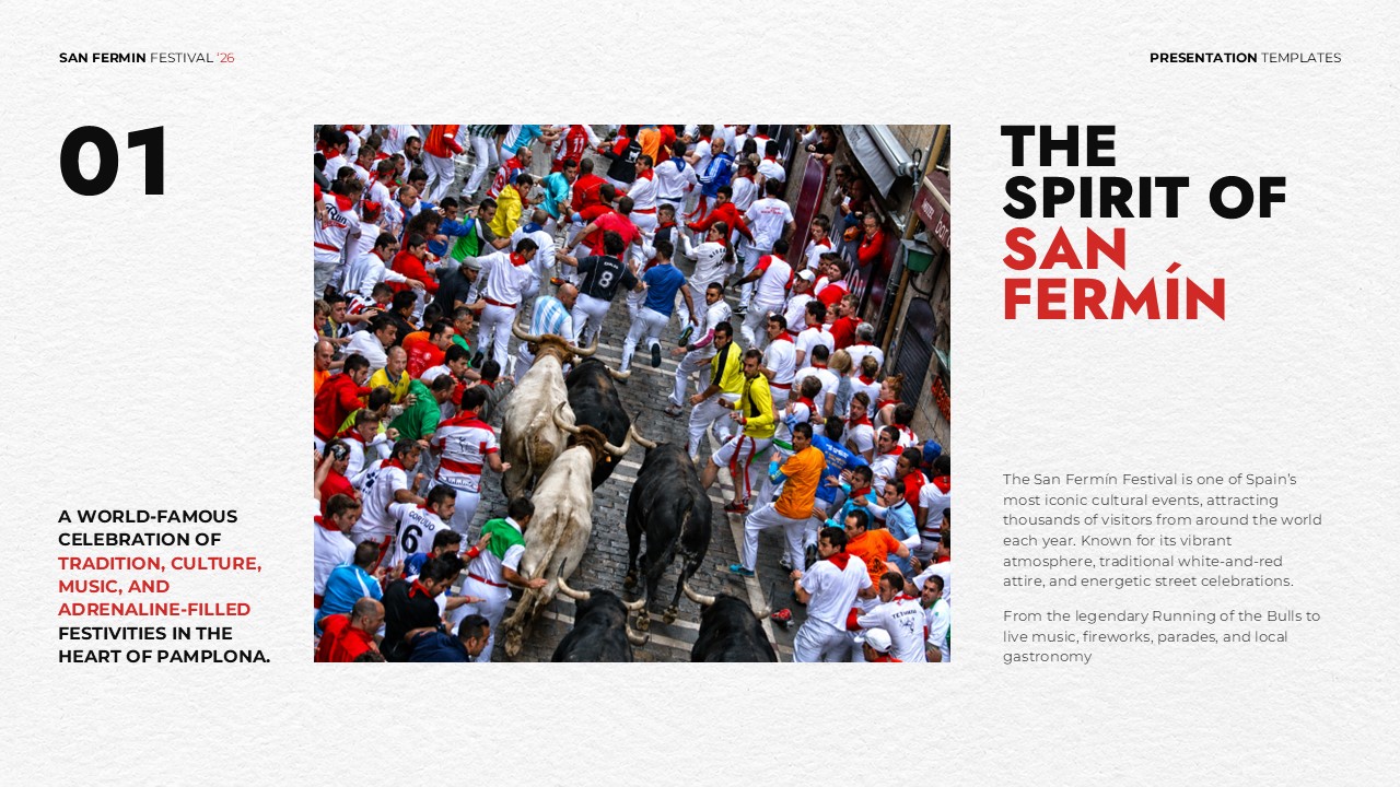 San Fermin Festival Template - Content slide to showcase festival overview with traditional culture and bull running