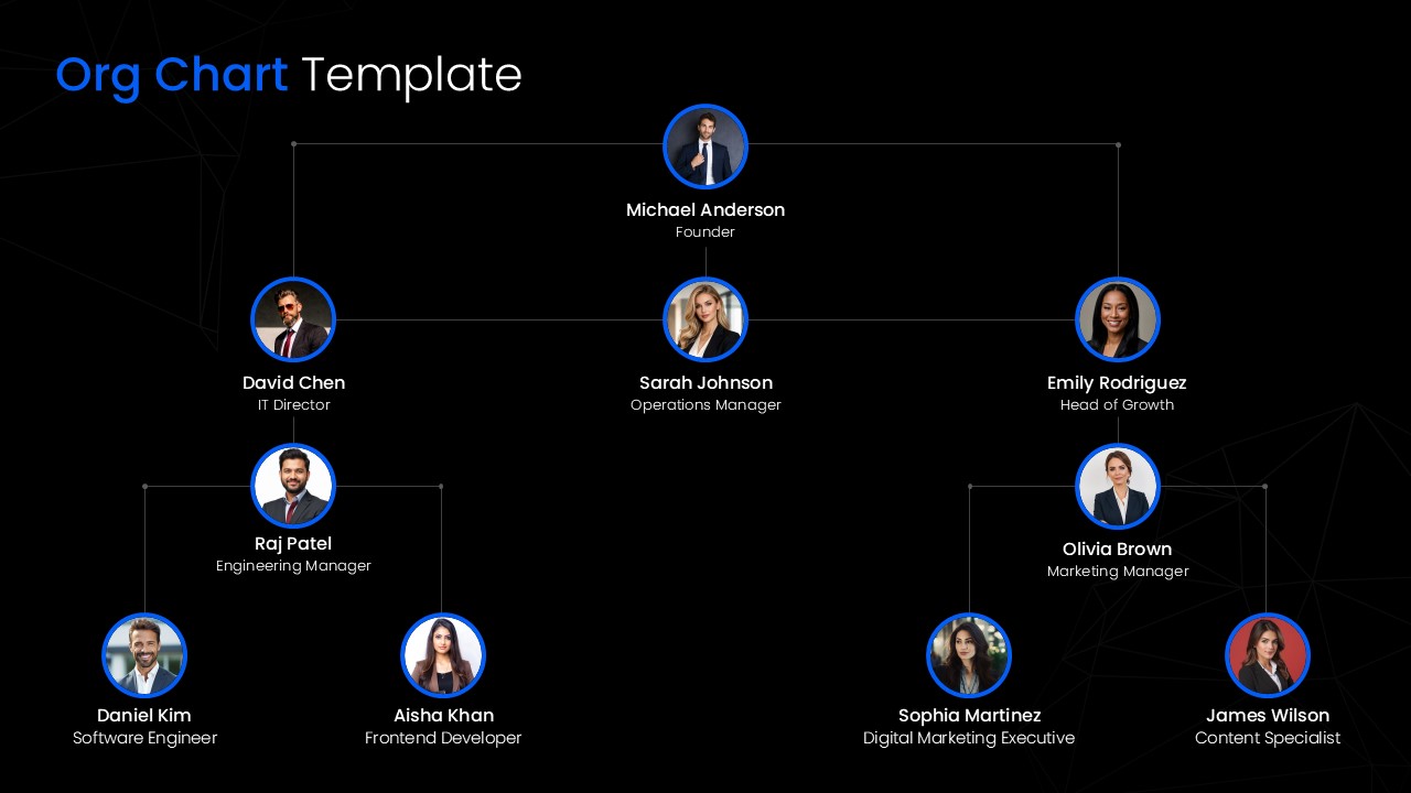 Organizational Chart Google Slides Template - Dark theme hierarchy layout with employee photos and reporting structure