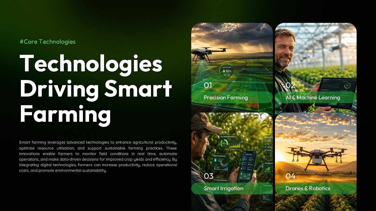 Smart Farming Template - Technologies slide displaying precision farming and AI solutions