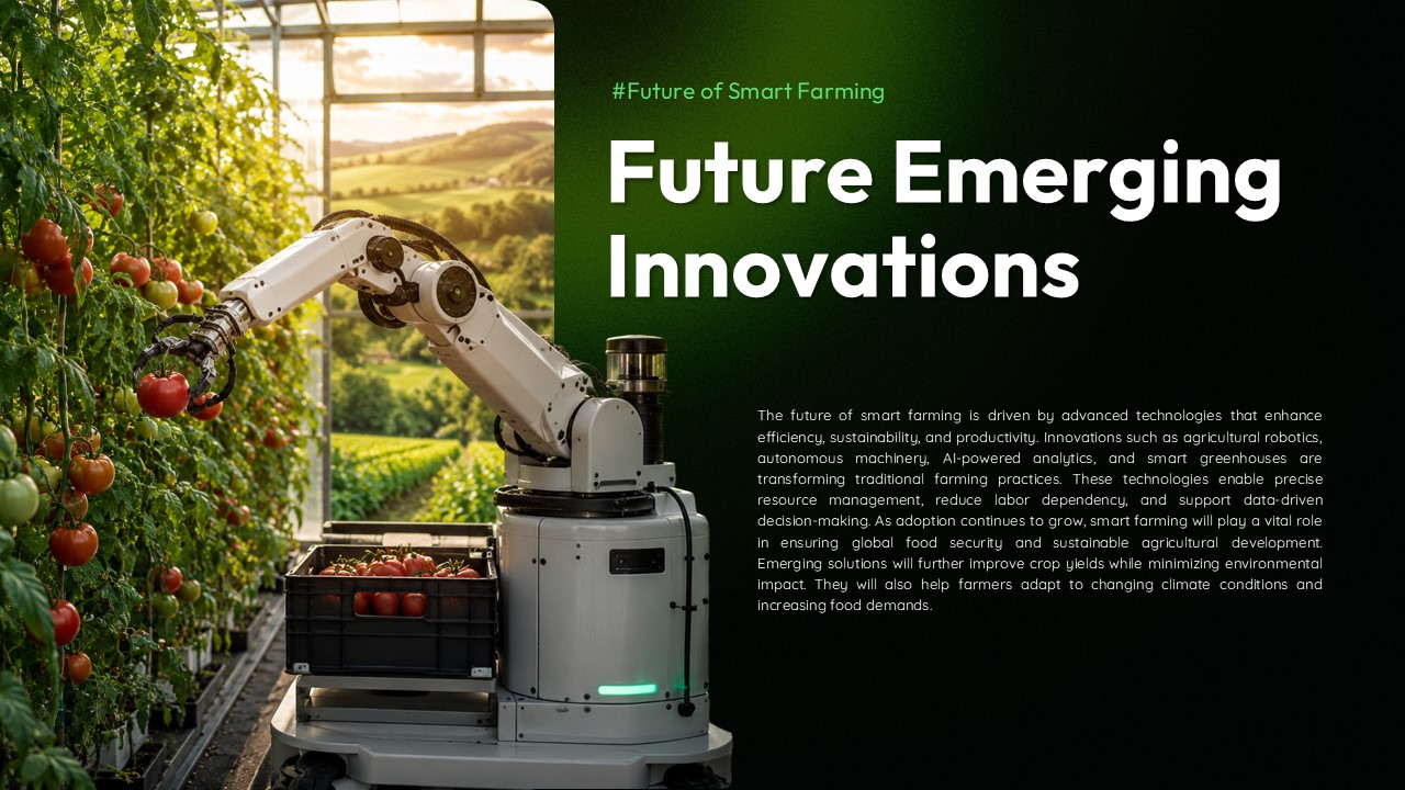 Smart Farming Template - Future innovations slide featuring agricultural robotics and emerging technologies