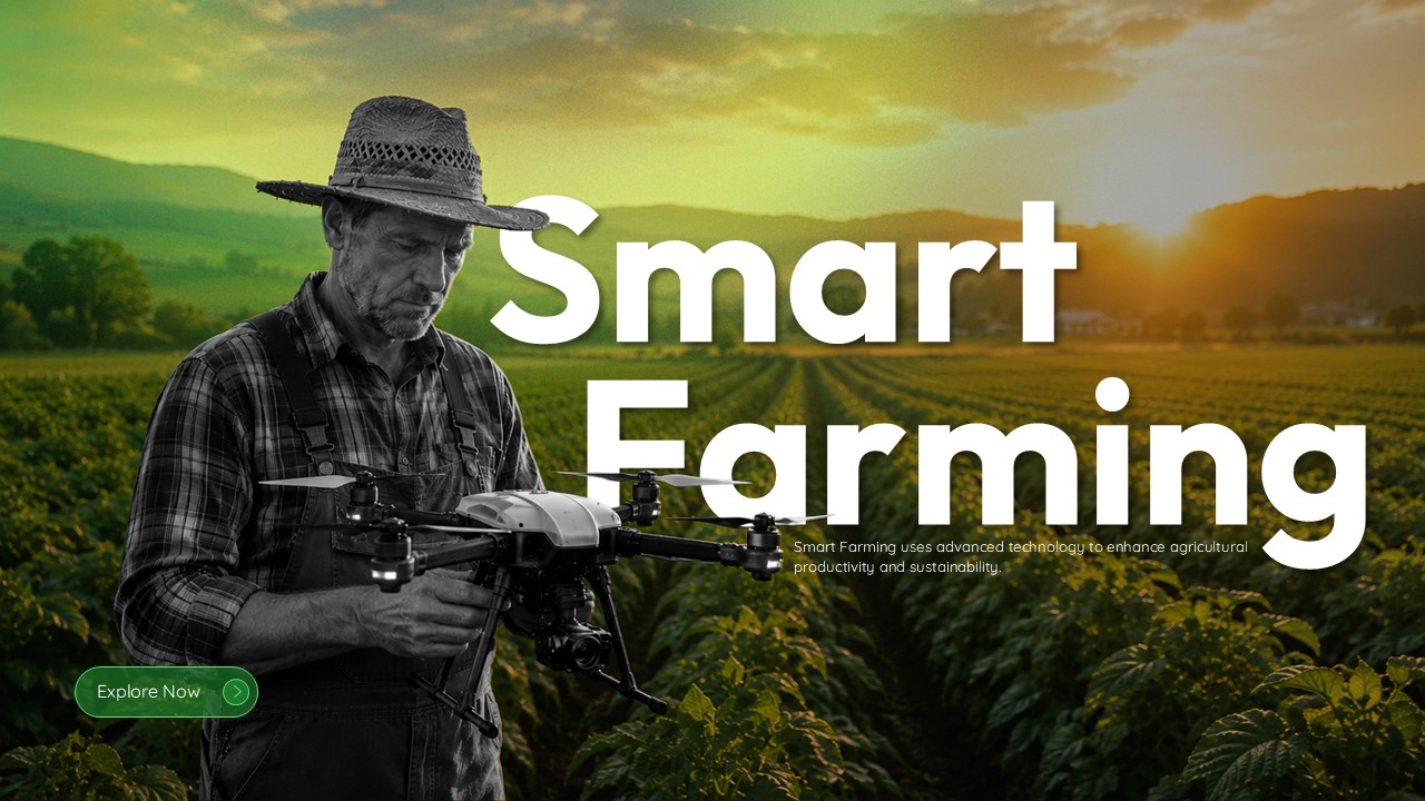 Smart Farming Template - Title slide with farmland background to open agricultural technology presentations