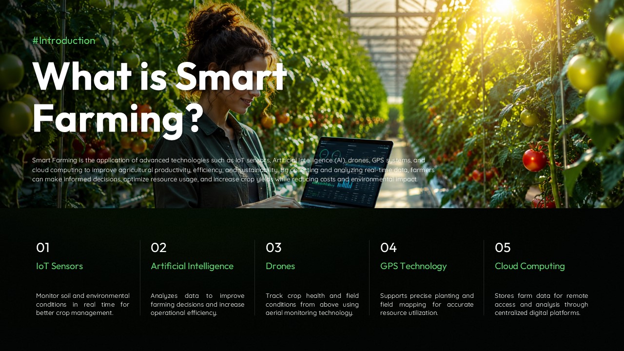 Smart Farming Template - Introduction slide defining smart farming components and IoT technologies