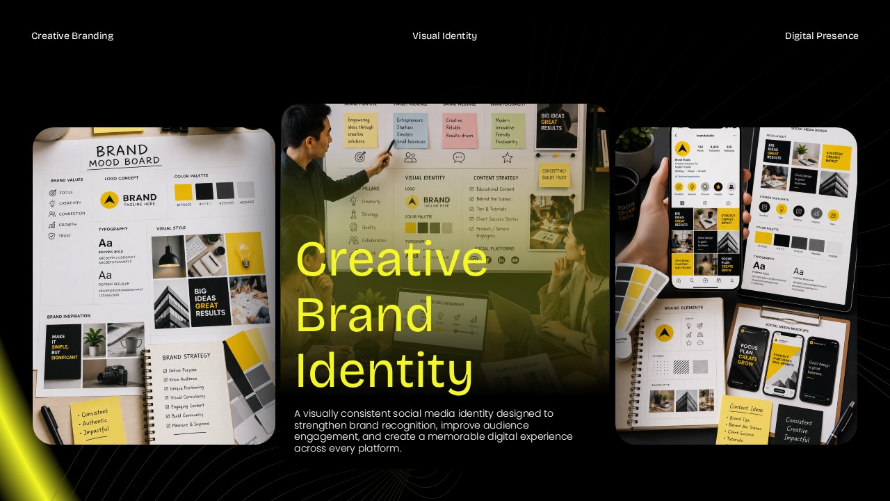 Social Media Plan Template - Digital brand experiences slide with team meeting photo and bold brand vision statement