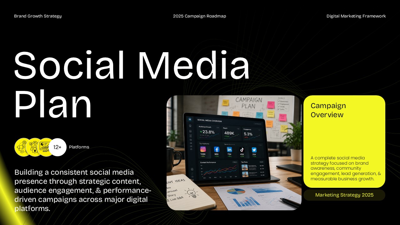 Social Media Plan Template - Introduction slide with data-driven strategy overview, stats block, and campaign highlights