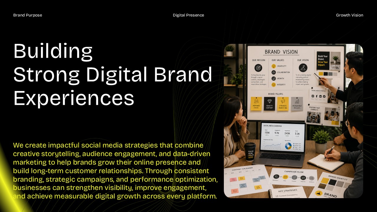 Social Media Plan Template - Strategic content marketing slide with four typographic pillars covering strategy, engagement, analytics, and growth