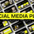 Social Media Plan Template - Black and yellow PowerPoint and Google Slides template preview with multiple slide layouts