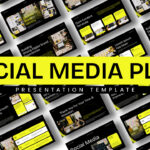Social Media Plan Template - Black and yellow PowerPoint and Google Slides template preview with multiple slide layouts