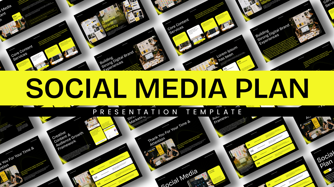 Social Media Plan Template - Black and yellow PowerPoint and Google Slides template preview with multiple slide layouts
