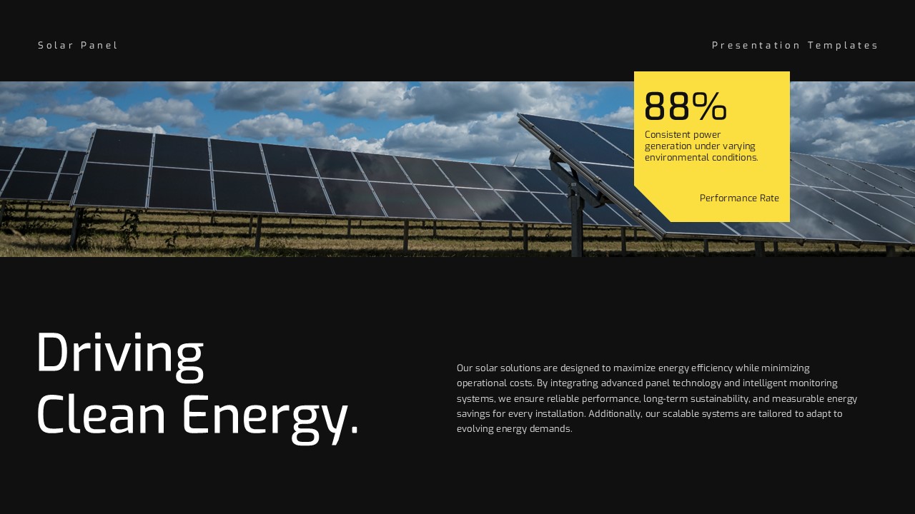 Solar Panel Clean Energy Mission Template - Aerial solar farm photo with floating 88% performance rate card