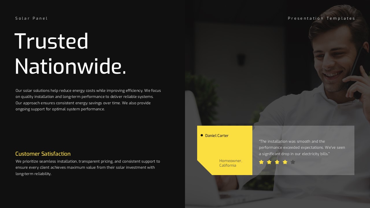 Solar Panel Customer Testimonial Template - Trust slide with Daniel Carter review card and four-star yellow rating