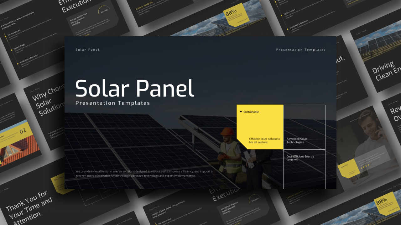 Solar Panel Google Slides PowerPoint Template - Full 10-slide deck preview in bold black and yellow design