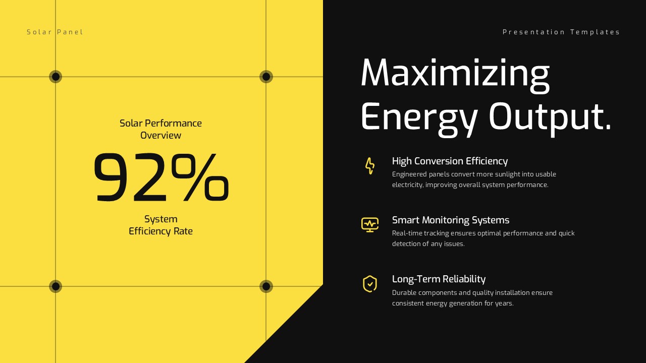 Solar Panel System Efficiency Template - Split black and yellow slide anchored by a bold 92% efficiency statistic