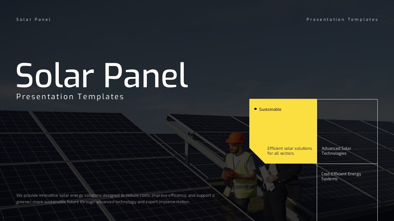 Solar Panel Template - Bold cover slide with workers, yellow accent boxes, and three core value propositions